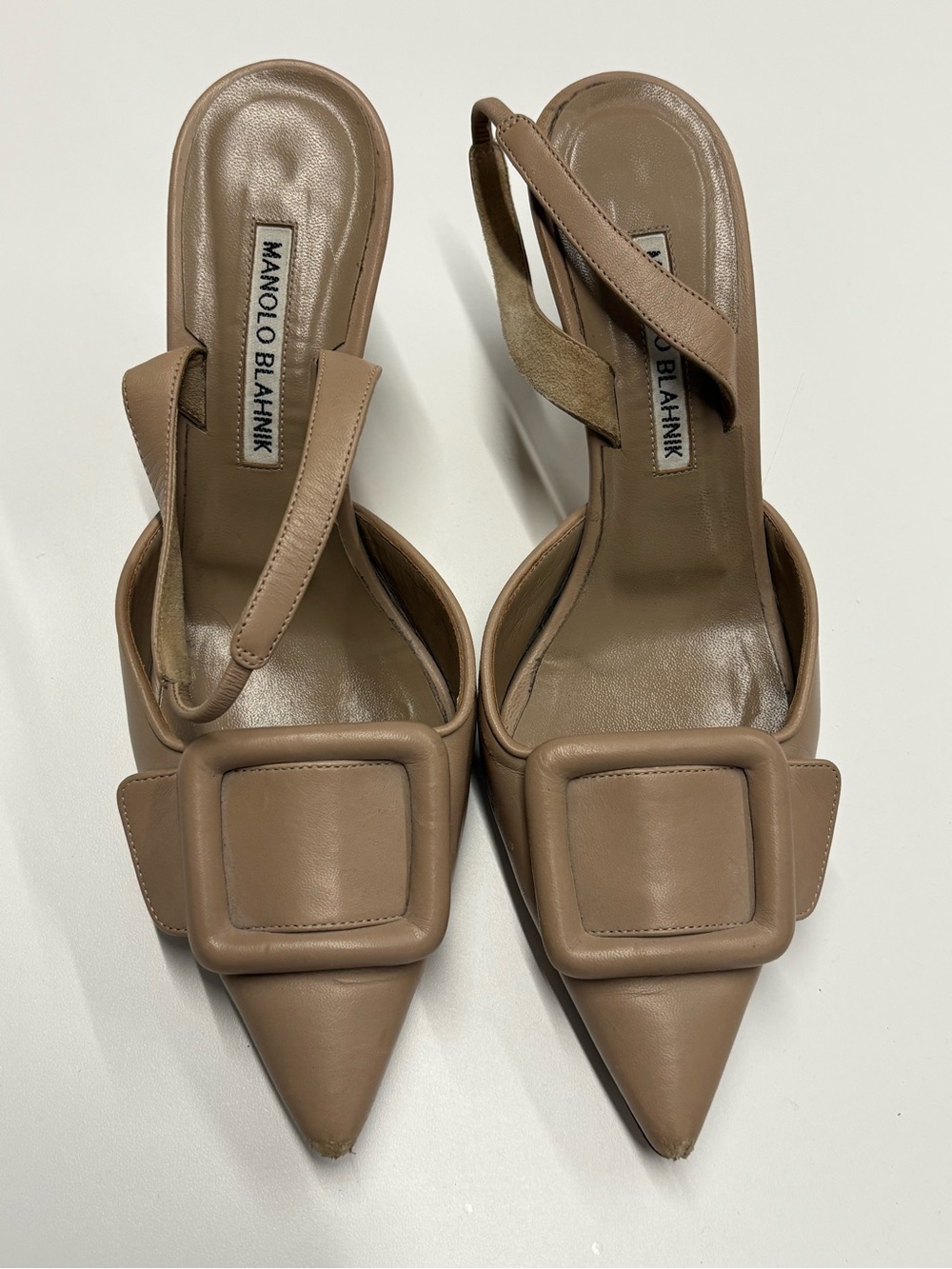 Manolo Blahnik Taupe Pointed Buckle Slingback Heels